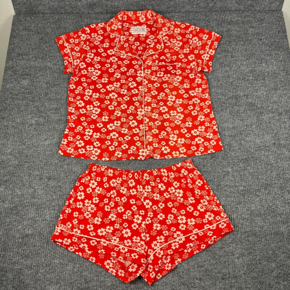 The Cats Pajamas SET Womens XL Red Floral Pima Cotton Modal Top & Shorts PJs